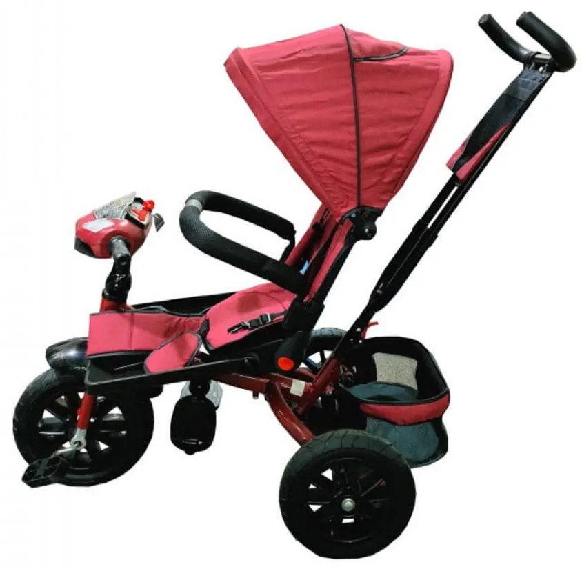 Tricicleta cu copertina NOVOKIDS Super Trike, Cu melodii si lumini, Roti din cauciuc, Pozitie somn, Scaun reversibil cu rotatie 360 grade, Rosu