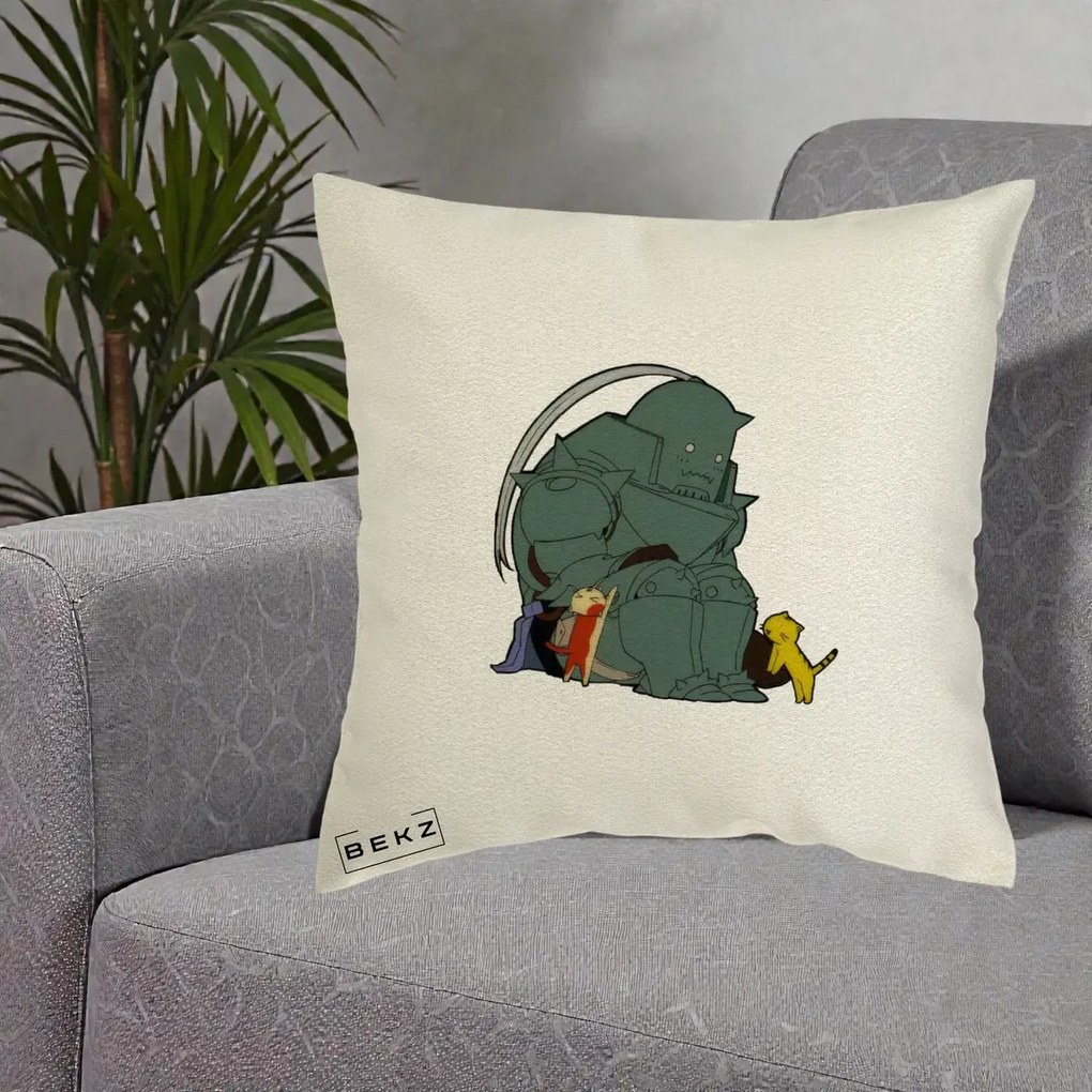 Perna Personalizata Fullmetal Alchemist Alphonse cu Pisici, 40x40 cm, Ecru, Husa Detasabila, Perna Inclusa, BEKZ®