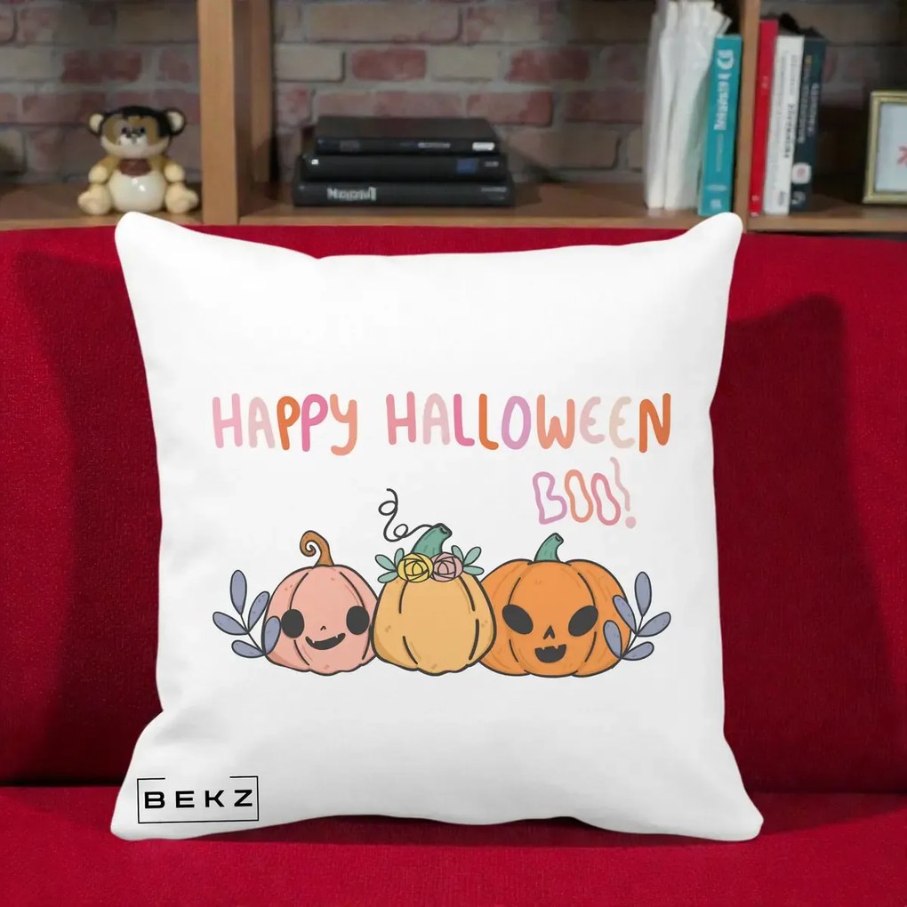 Perna Decorativa Happy Halloween Boo Trei Dovlecei Kawaii, 40x40 cm, Alba Mata, Husa Detasabila, Perna Inclusa, BEKZ®
