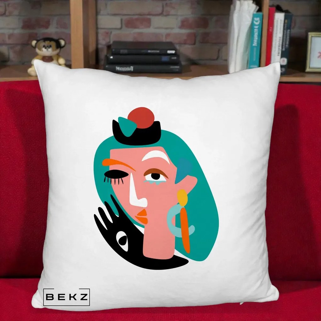 Perna Decorativa Portret Abstract Matisse Turcoaz, 40x40 cm, Alb Pufos, Husa Detasabila, Perna Inclusa, BEKZ®