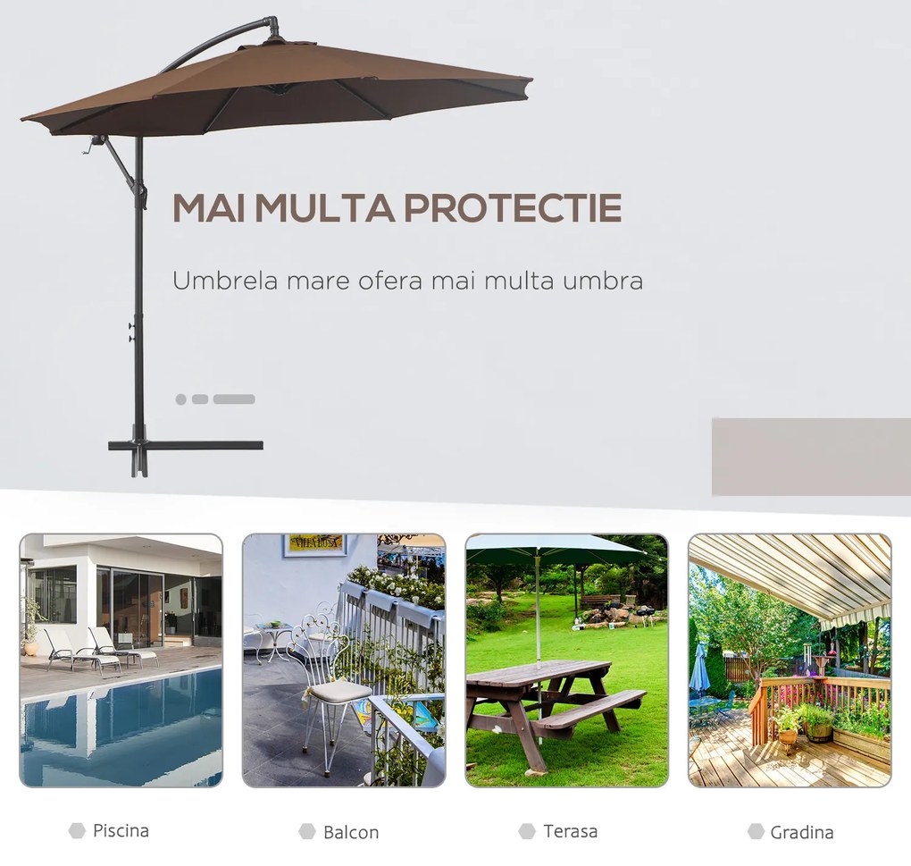 Outsunny Umbrelă Exterioară cu Manivelă, din Oțel și Poliester Rezistent la UV, Ø295x245 cm, Cafea | Aosom Romania