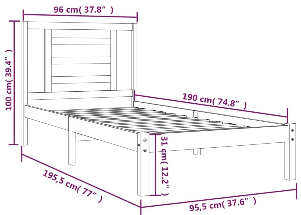 Cadru de pat Single 3FT, 90x190 cm, lemn masiv de pin Maro, 90 x 190 cm