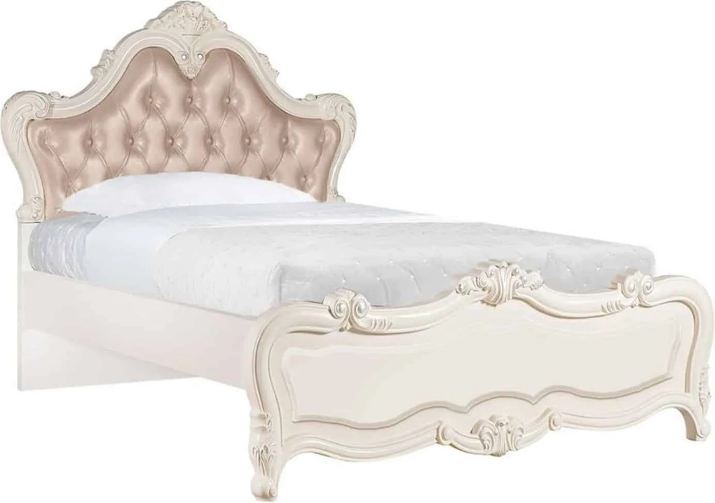Pat lemn masiv Tapițat Crown Paris 120x200cm Ecru/Beige - Cu somieră