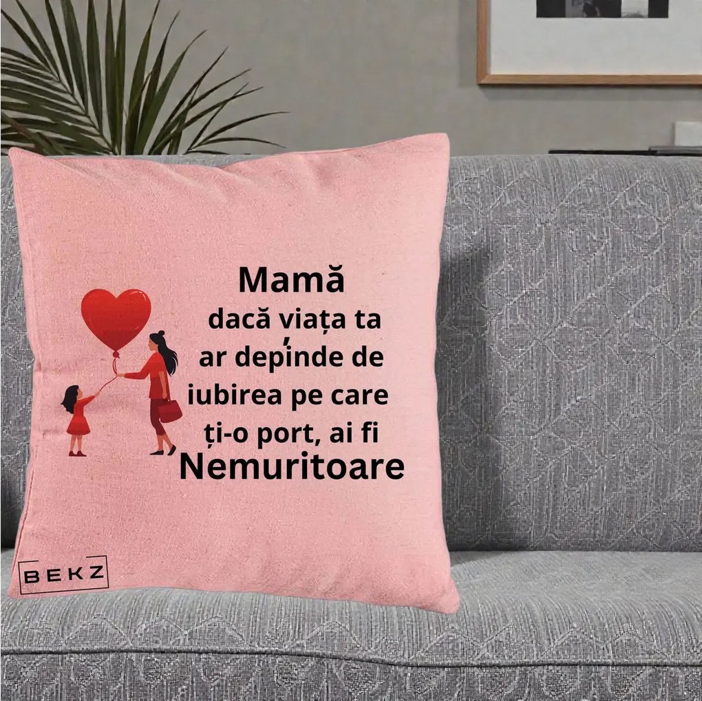 Cadou pentru Mama - Perna Personalizata Mama Nemuritoare cu Bebelus Kawaii, 40x40 cm, Roz, Husa Detasabila, Perna Inclusa, BEKZ®