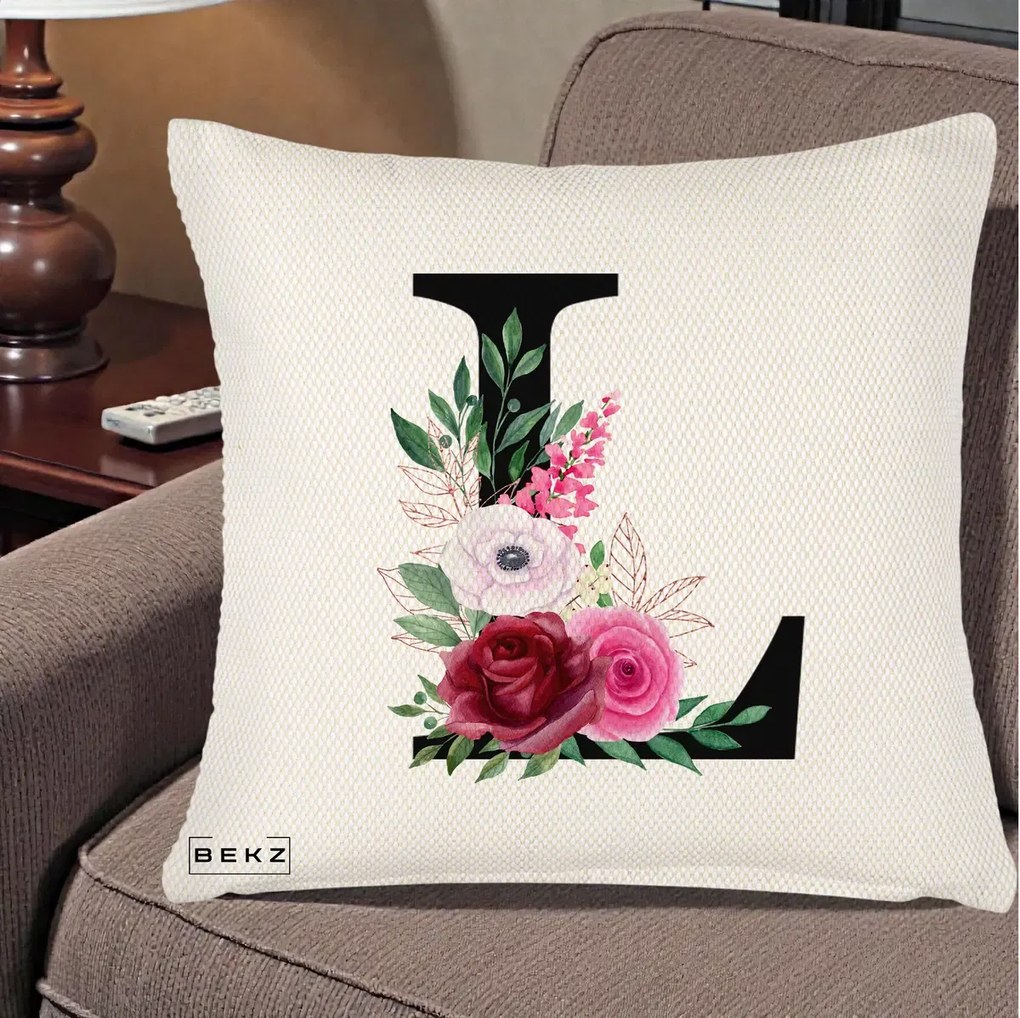 Cadou Personalizat - Perna Personalizata Monograma Florala Litera L, 40x40 cm, Crem Reliefat, Husa Detasabila, Perna Inclusa, BEKZ®