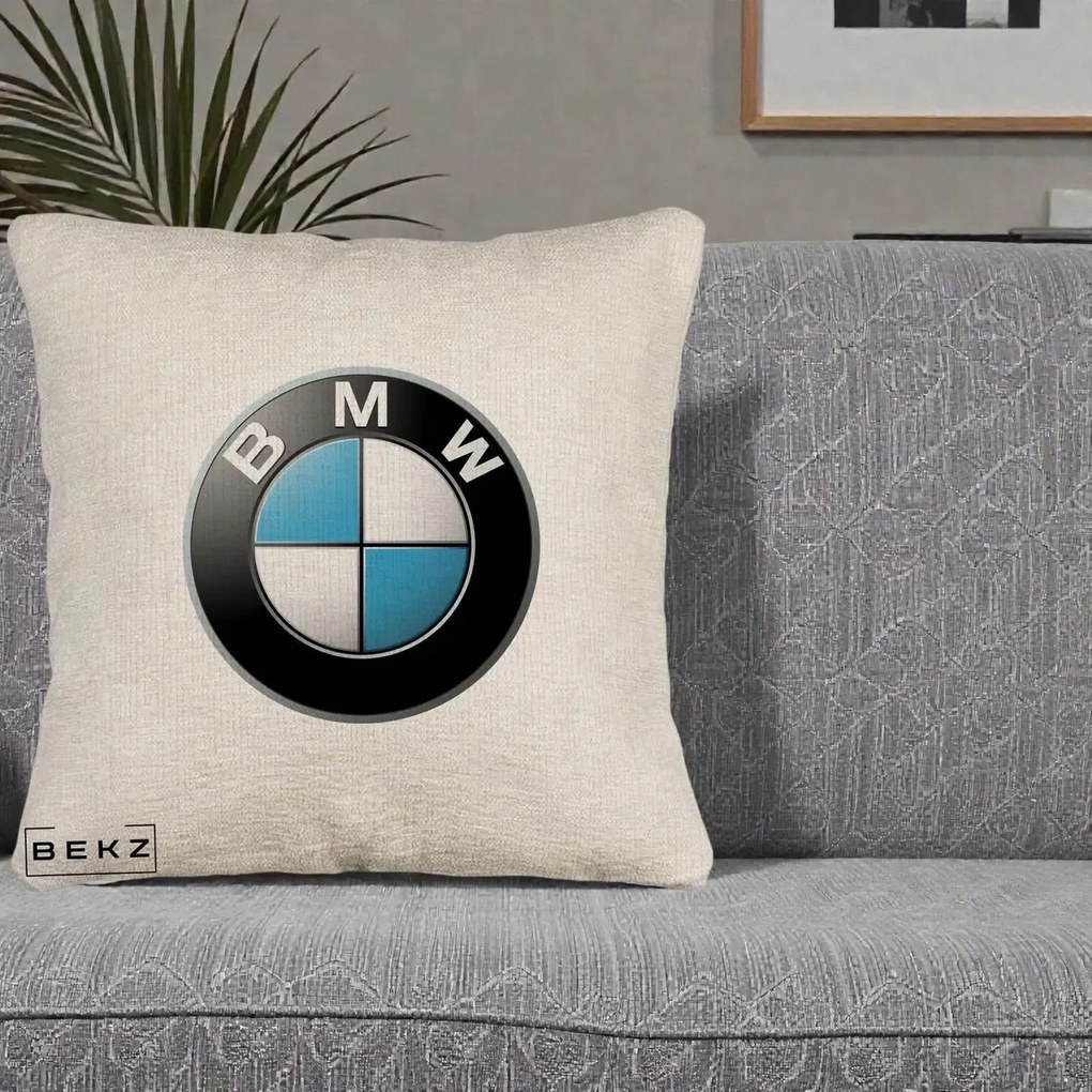 Perna Personalizata cu emblema BMW, 40x40 cm, Bej Canapea, Husa Detasabila, Perna Inclusa, BEKZ®