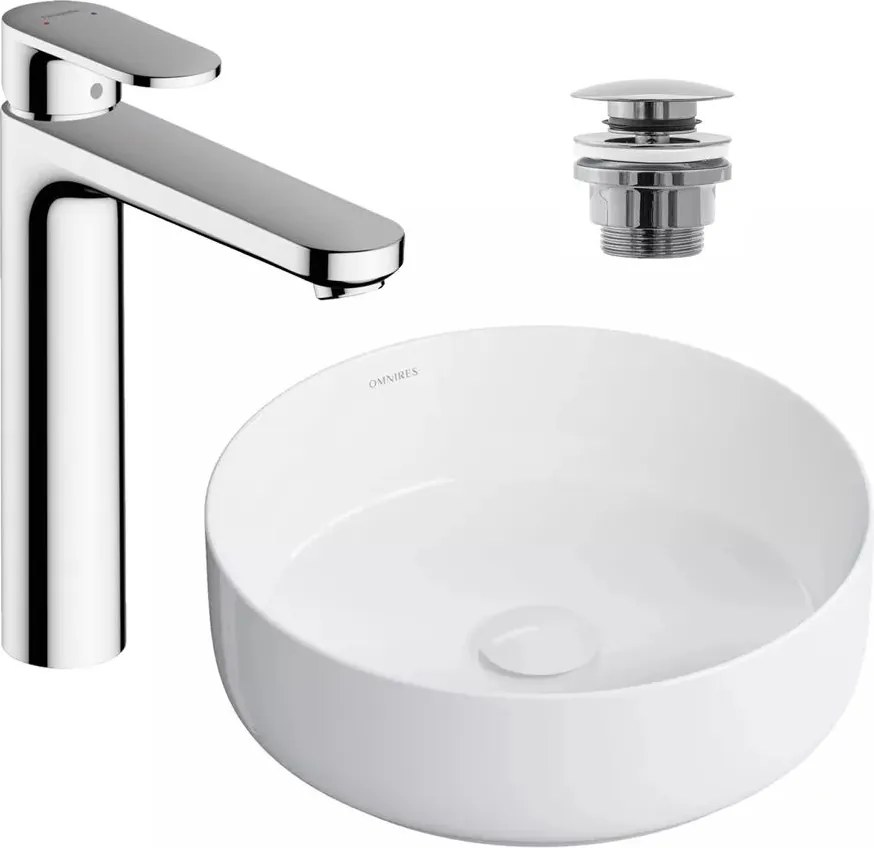 Pachet lavoar pe blat Omnires Tulsa alb 36 cm, baterie lavoar Hansgrohe Vernis Blend crom si ventil lavoar Click-Clack crom