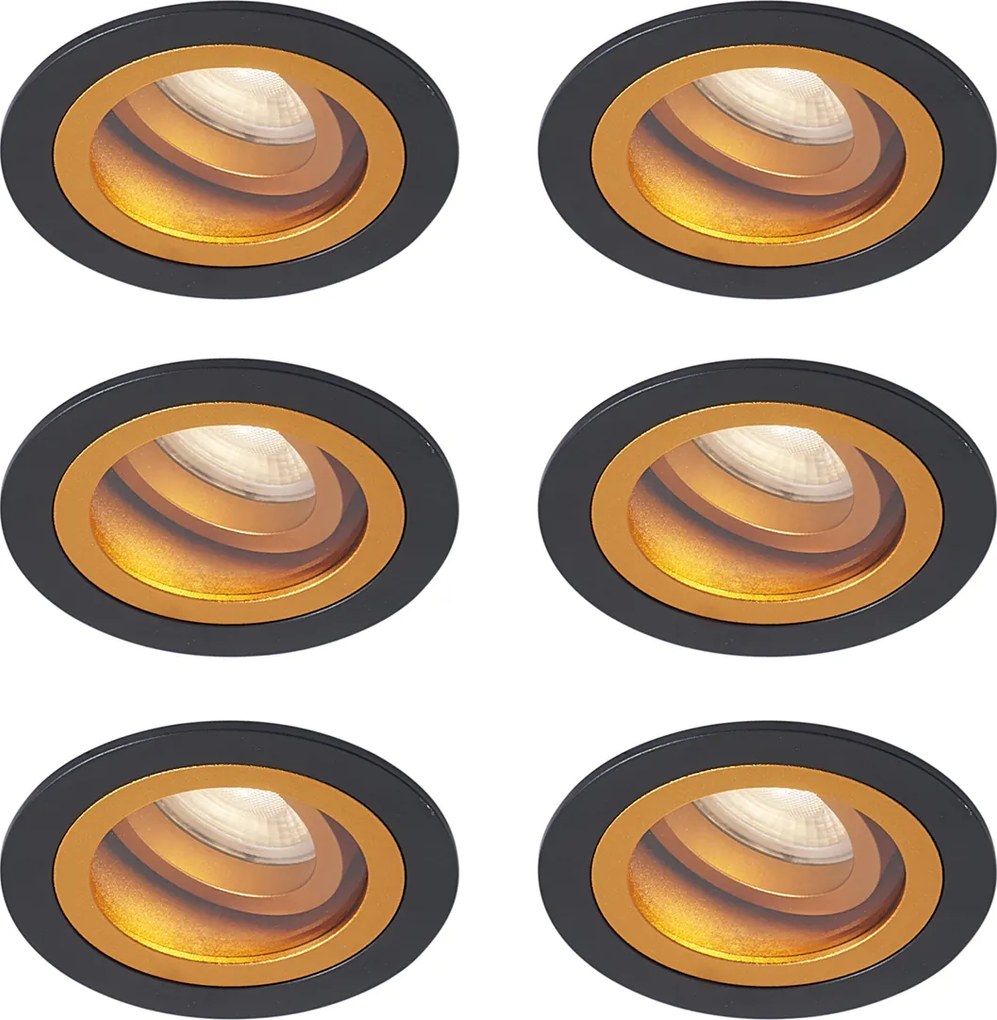 Set de 6 spoturi încastrate moderne negre cu auriu rotative și înclinabile IP44 - Chuck