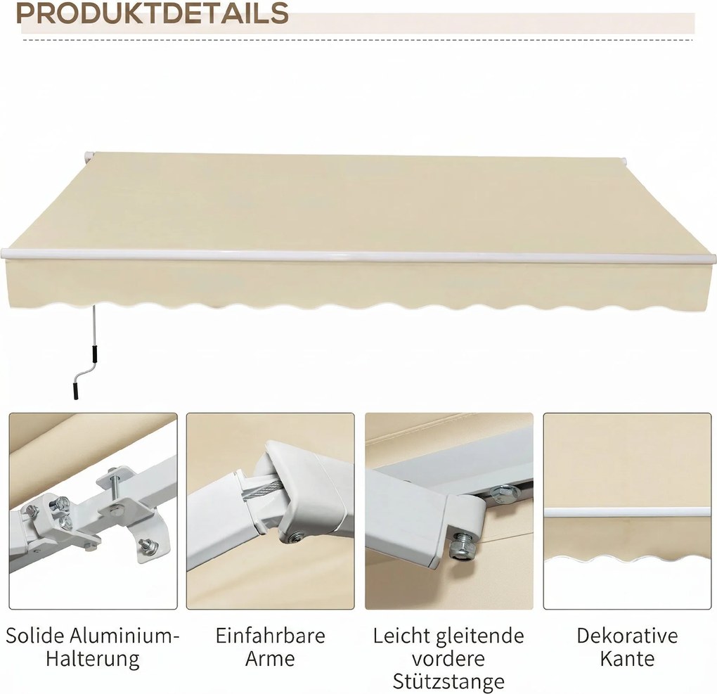 Outsunny Copertină Rabatabilă Exterior, Copertină Extensibilă, Copertină Tip Roll-Up cu Deschidere Manivelă, 350x250 cm, Crem | Aosom Romania