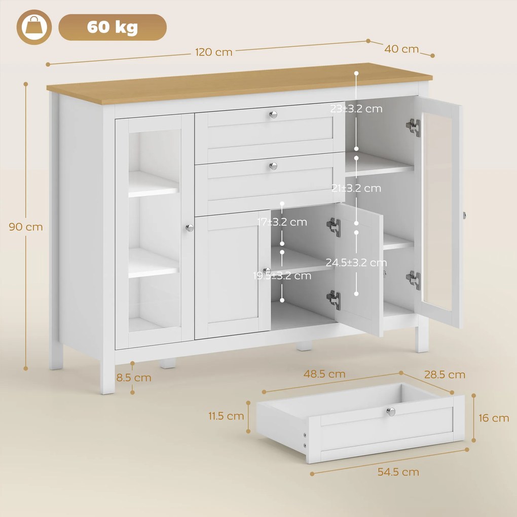HOMCOM Comodă de Bucătărie, Mobilier de Bucătărie cu 2 Sertare, 3 Dulapuri, Blat de Lucru din Caucciuc, Bufet cu Uși din Sticlă, Rafturi Ajustabile, pentru Sufragerie, 120x40x90cm, Alb | Aosom Romania