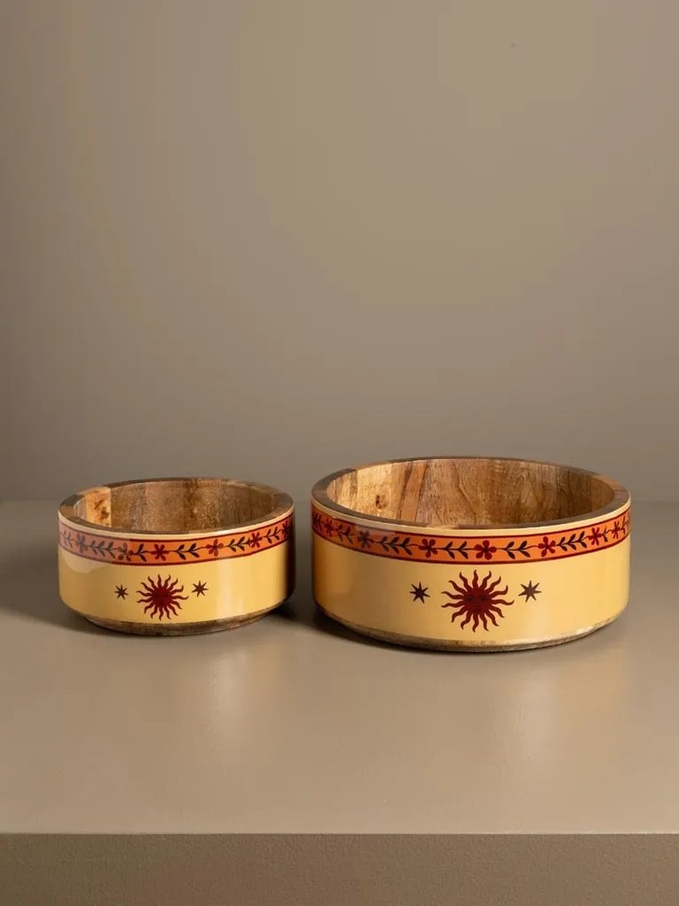 Boluri din lemn de mango, set 2 piese, drepte, galbene, cu soare și flori pictate, 11,5 x 30 cm, „Hélios”