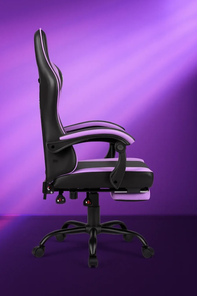 Scaun gaming, Masaj în perna lombară, Suport picioare, Rabatabil 90-165°, piele PU, Negru/Mov