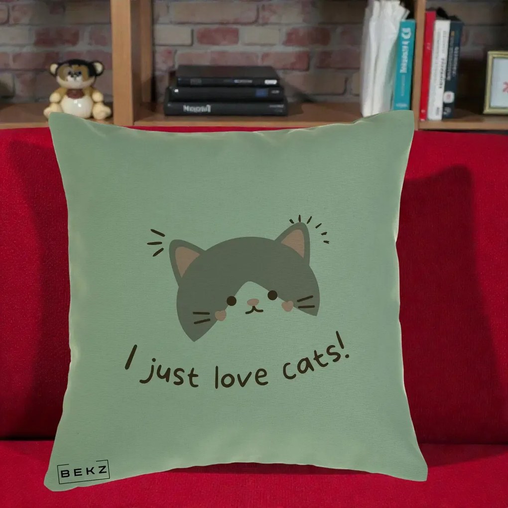 Perna Personalizata I Just Love Cats Pisica Kawaii, 40x40 cm, Verde, Husa Detasabila, Perna Inclusa, BEKZ®