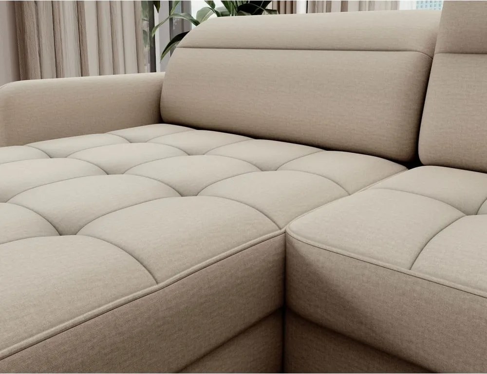 Colțar bej extensibil/cu spațiu de depozitare cu tapițerie din catifea (cu colț pe partea dreaptă/în formă de "U") Berrto – ELTAP