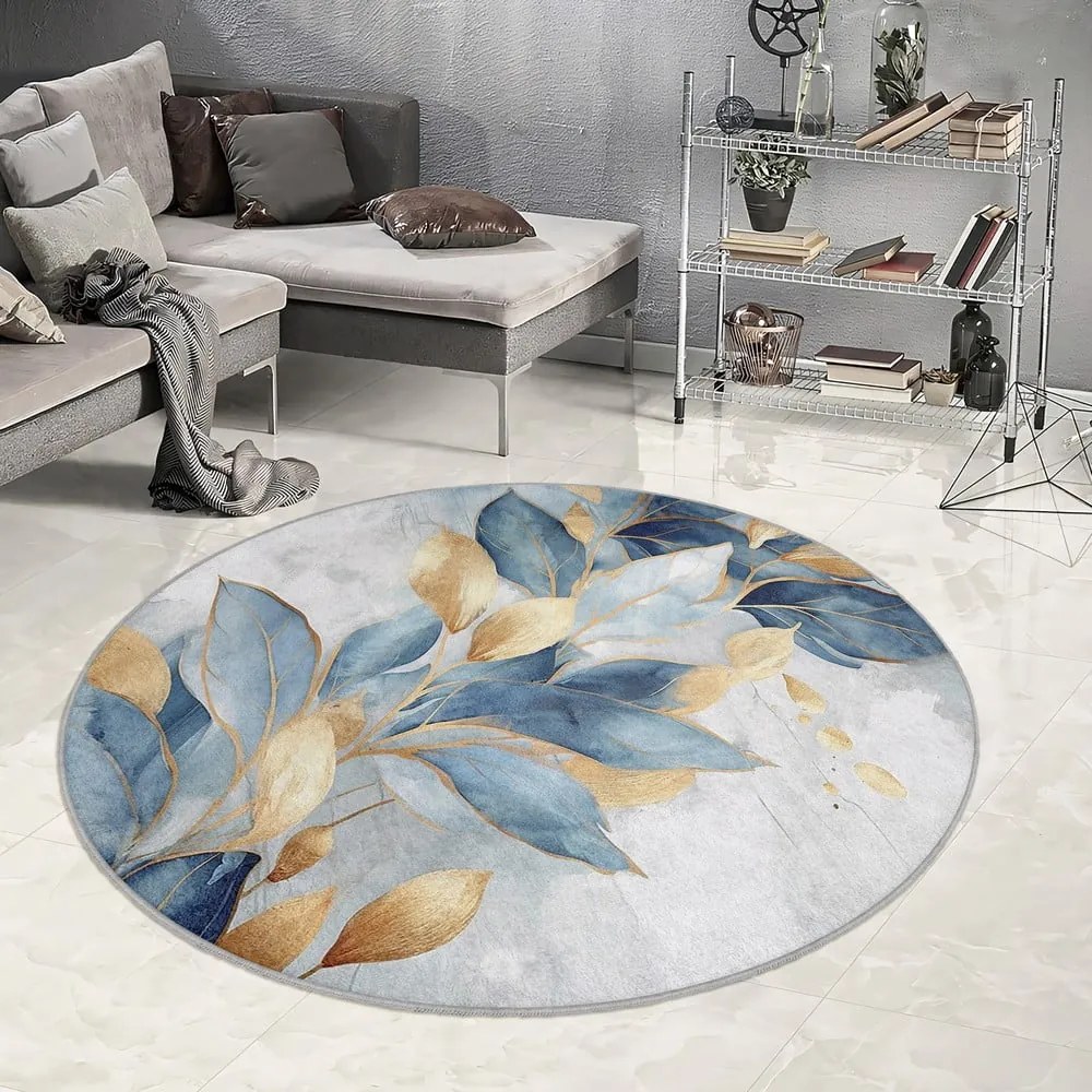 Covor albastru/auriu lavabil rotund ø 120 cm Golden Leaves – Mila Home
