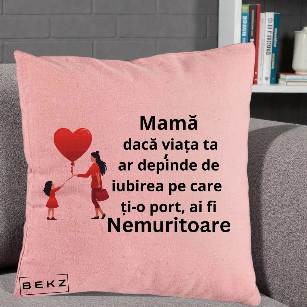 Cadou pentru Mama - Perna Personalizata Mama Nemuritoare cu Bebelus Kawaii, 40x40 cm, Roz, Husa Detasabila, Perna Inclusa, BEKZ®
