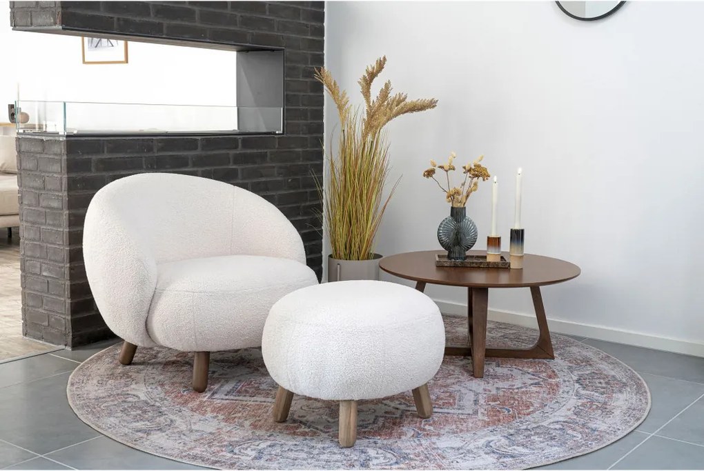 Suport pentru picioare Savona, piele de oaie falsă, picioare cu efect de nuc alb