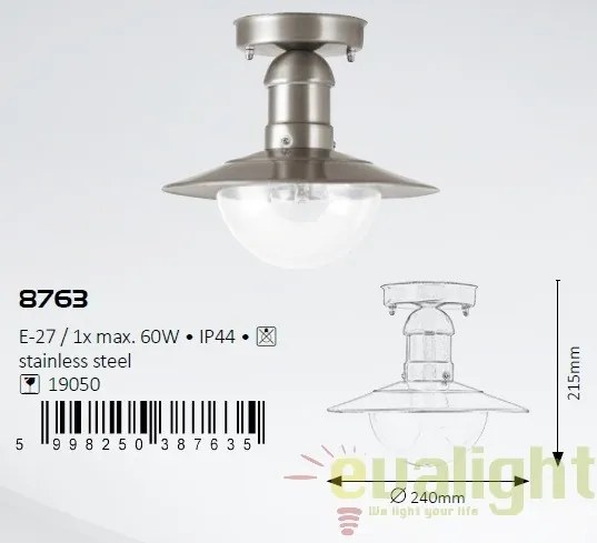 Plafoniera exterior cu protectie IP44, finisaj otel inoxidabil, diametru 24cm, Oslo 8763 RX