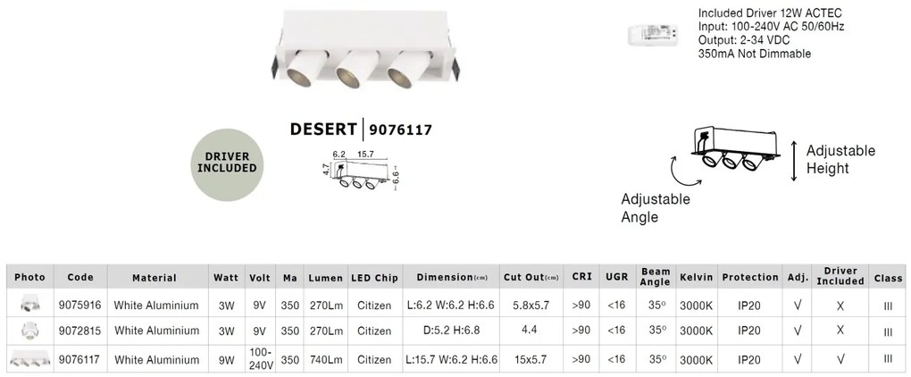 Corp LED incastrabil cu 3 Mini Spoturi ajustabile DESERT albe
