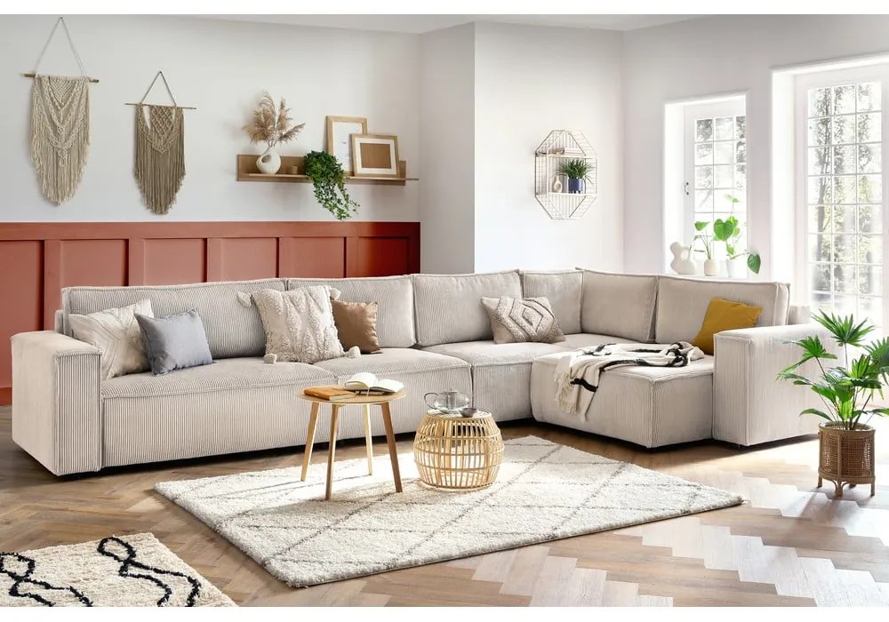 Colțar crem cu tapițerie din catifea reiată (cu colț pe partea dreaptă) Nihad modular – Bobochic Paris