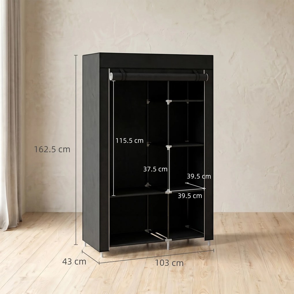 HOMCOM Dulap Portabil din Material, Dulap cu 6 Rafturi Deschise, 1 Bară și Ușă cu Fermoar, 103x43x162,5 cm, Negru | Aosom Romania