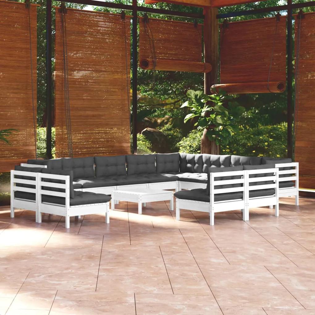 3096882 vidaXL Set mobilier grădină cu perne, 13 piese, alb, lemn masiv pin