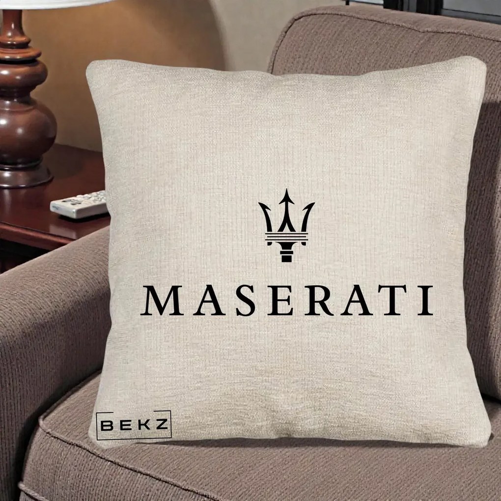 Perna Personalizata cu emblema Maserati, 40x40 cm, Bej Canapea, Husa Detasabila, Perna Inclusa, BEKZ®