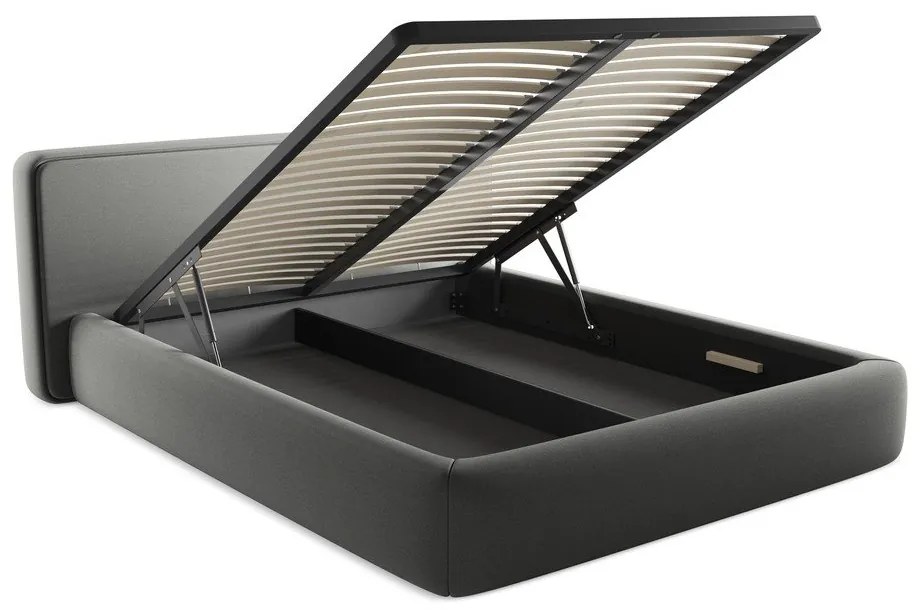 Pat matrimonial gri tapițat cu spațiu de depozitare cu somieră 160x200 cm Kiana – Makamii