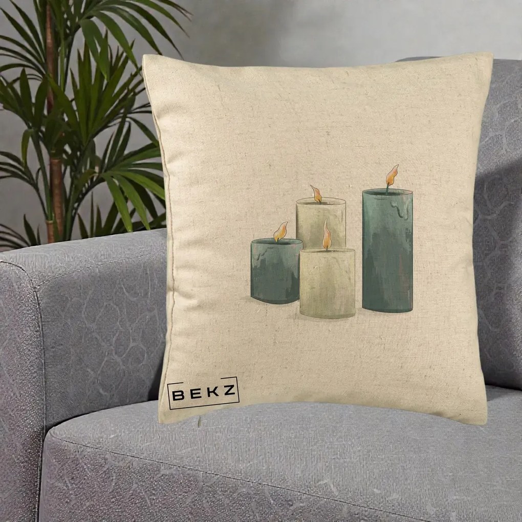 Perna Decorativa Lumanari Hygge Alb-Verde, 40x40 cm, Bej, Husa Detasabila, Perna Inclusa, BEKZ®