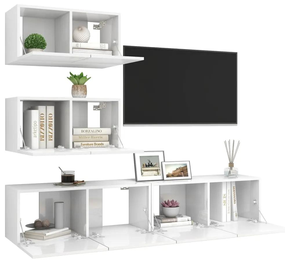 Set de dulapuri TV, 4 piese, alb extralucios, lemn prelucrat 1, Alb foarte lucios, 60 x 30 x 30 cm