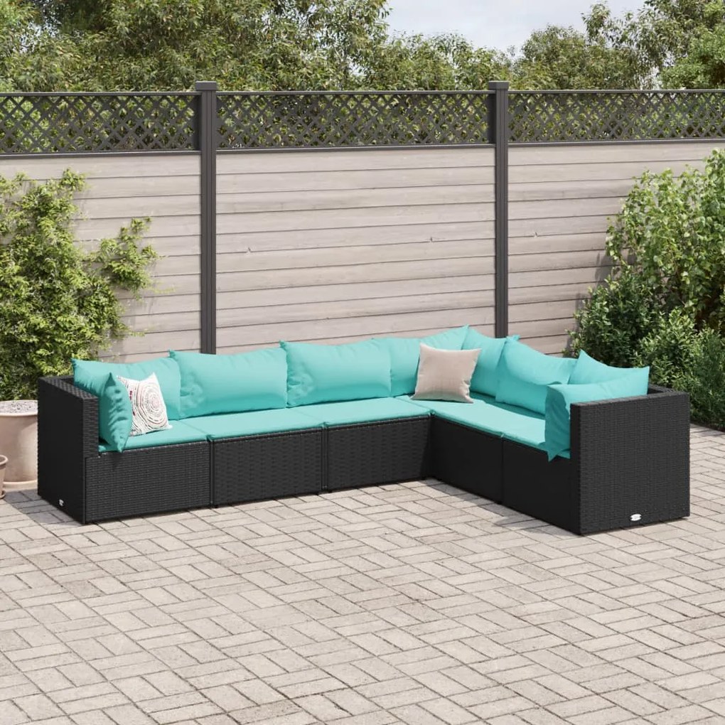 3308140 vidaXL Set mobilier de grădină cu perne, 6 piese, negru, poliratan