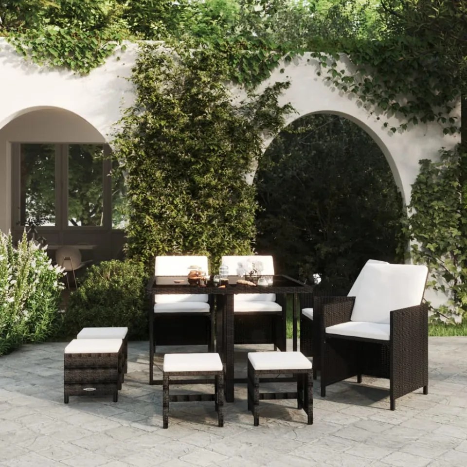 Set mobilier de grădină cu perne, 9 piese, negru, poliratan