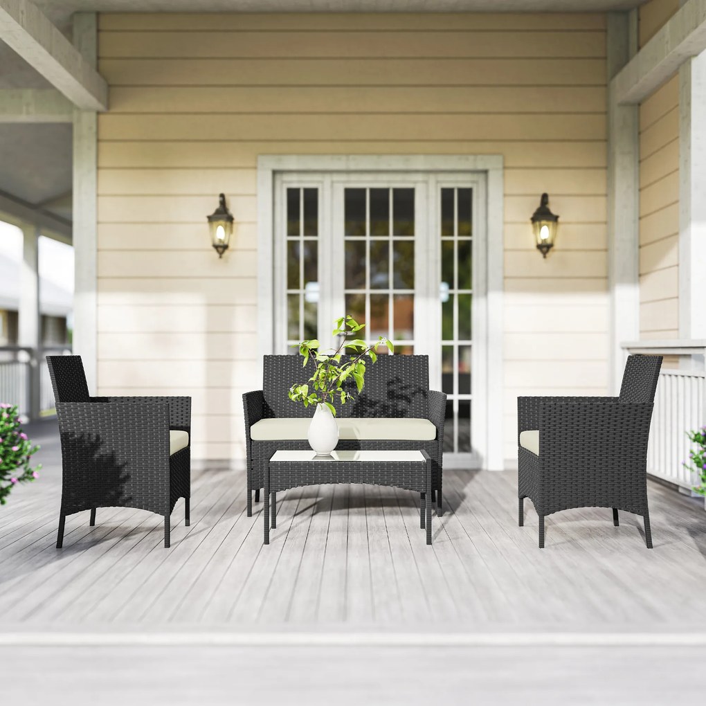 Outsunny Set Mobilier Grădină din Ratan Sintetic cu Canapea, Fotolii și Masă din Sticlă Securizată și Perne Negru și Crem | Aosom Romania