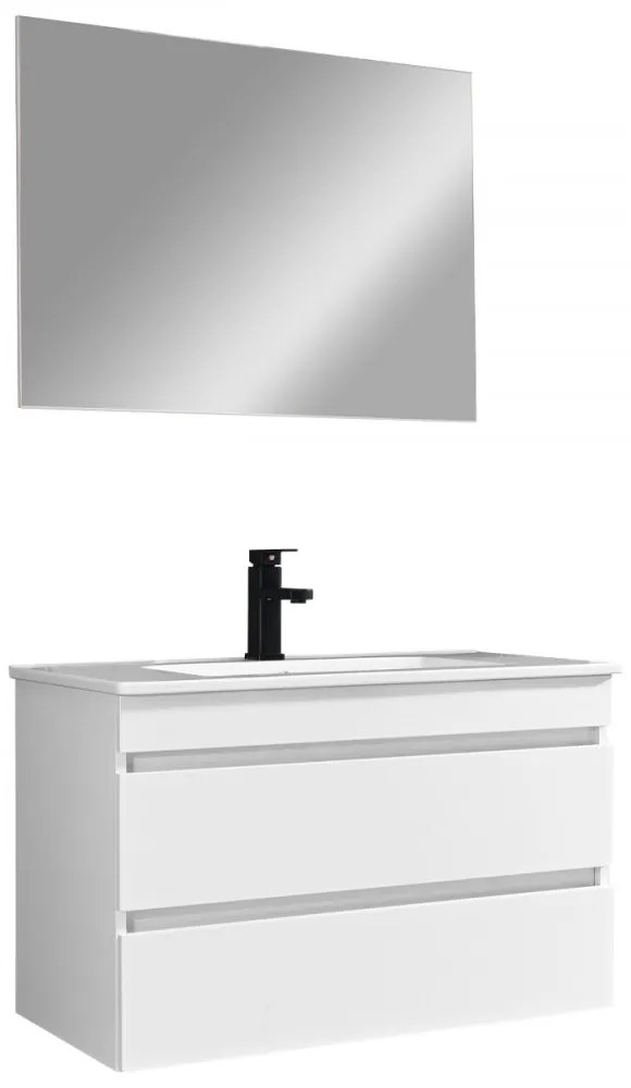 Mobilier de baie Cube 80 cm cu lavoar ceramic (2 sertare) și oglindă 60x80 cm vopsit în alb lucios