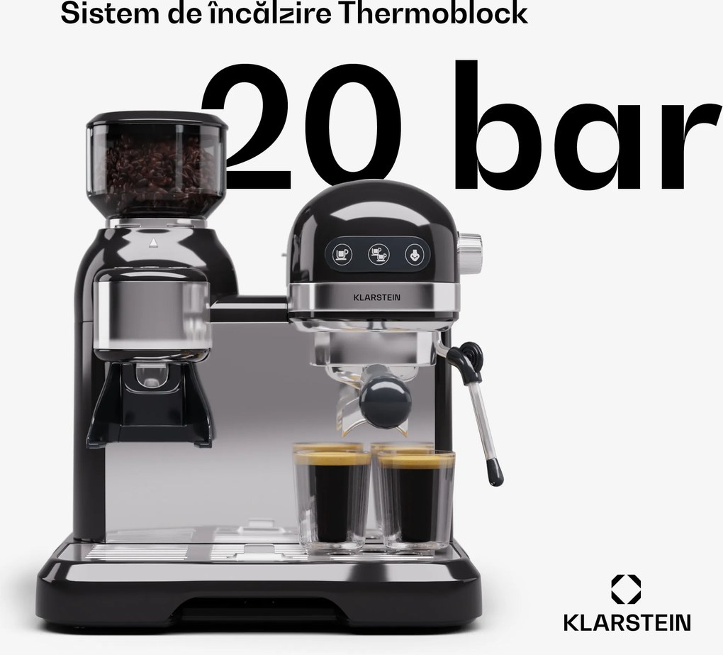 Klarstein Bella Café, aparat espresso, cu râșniță, 1550 W, 20 bar, 1,4 litri