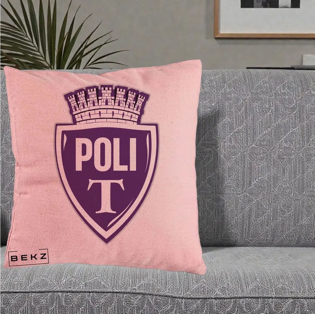 Perna Personalizata Poli Timisoara Fotbal, 40x40 cm, Roz, Husa Detasabila, Perna Inclusa, BEKZ®