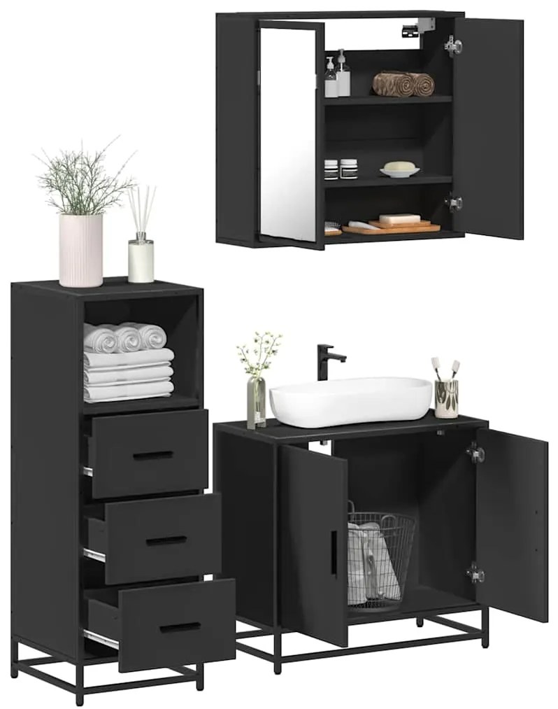 vidaXL Set mobilier de baie, 3 piese, negru, lemn compozit