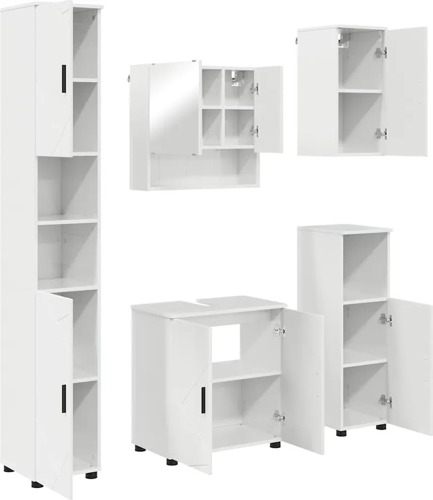 vidaXL Set de mobilier pentru baie Pe perete cu ușă 5 pcs Alb lucios