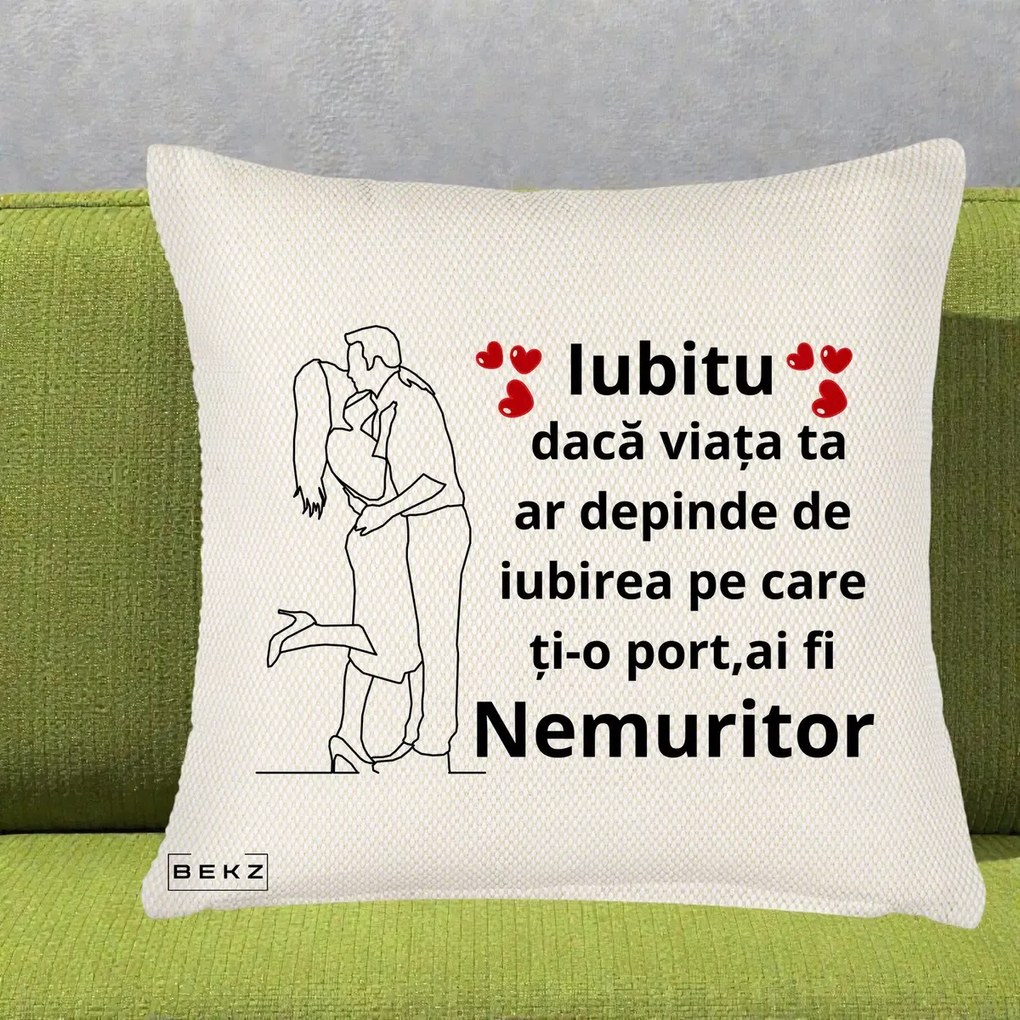 Cadou pentru Iubit - Perna Personalizata Iubitu Nemuritor cu Cuplu Line-Art si Inimi Rosii, 40x40 cm, Crem Reliefat, Husa Detasabila, Perna Inclusa, BEKZ®