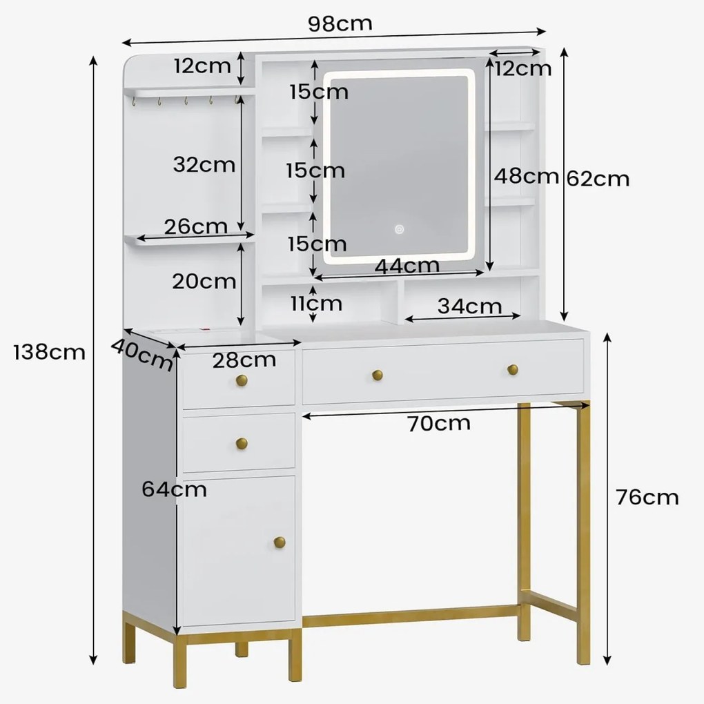 SEA474 - Set Masa toaleta, 98 cm, cosmetica machiaj, oglinda cu LED, masuta vanity cu 2 Porturi USB, si 2 Prize - Alb-Auriu