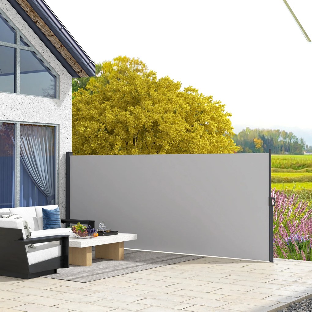 Outsunny Paravan Lateral Retractabil cu Mâner din Metal, Aluminiu și Poliester, 400x180 cm, Gri Deschis | Aosom Romania