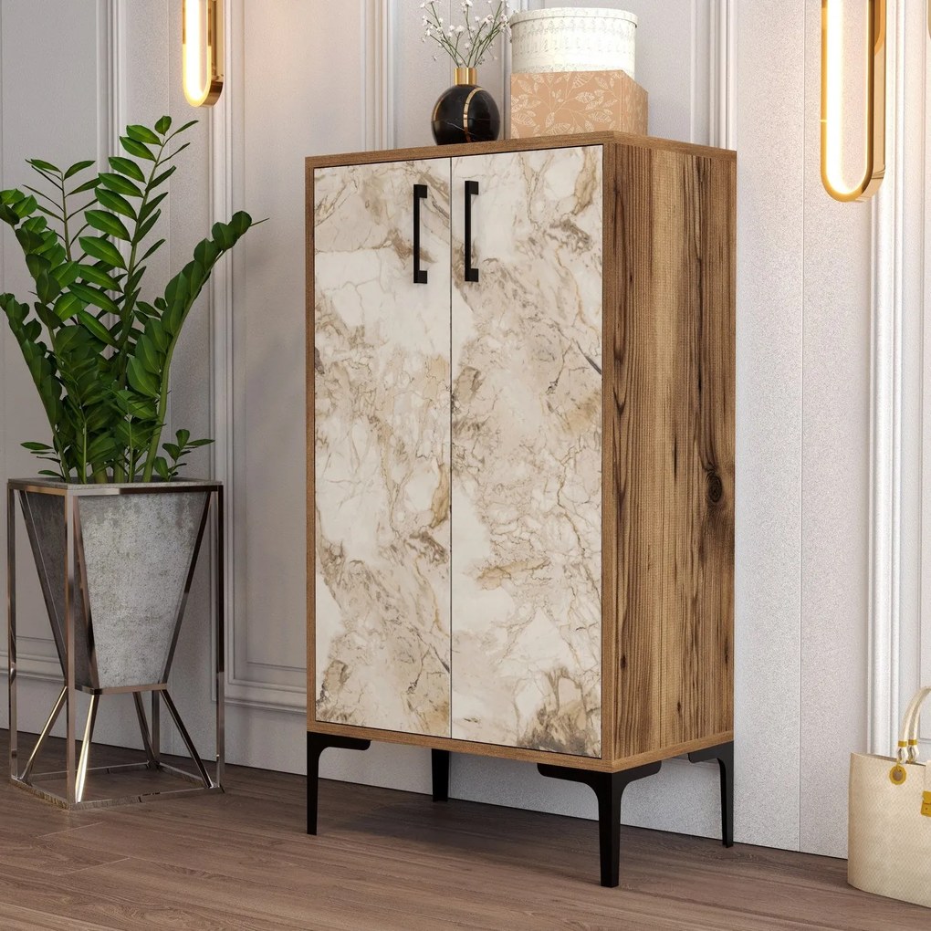 Comodă pentru pantofi Prag - Walnut, White Marble