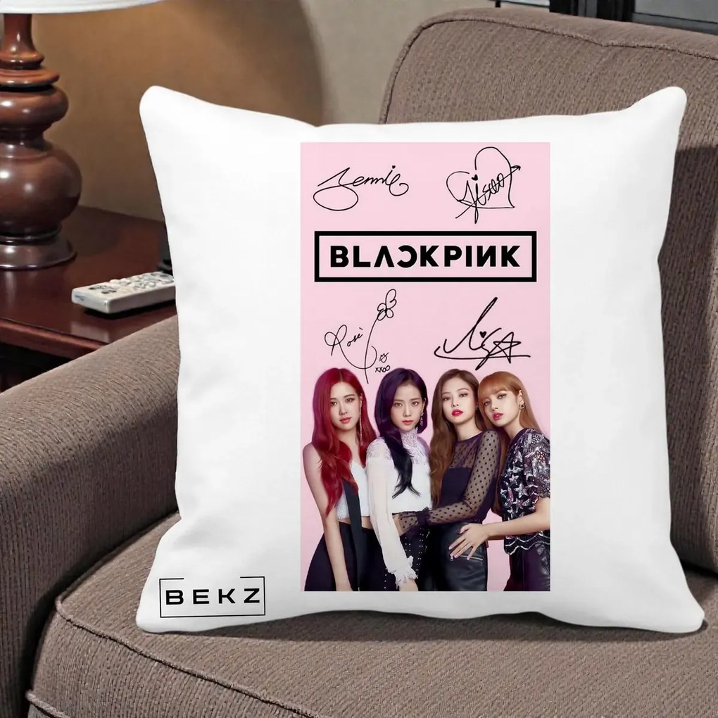 Perna Personalizata K-pop BLACKPINK Semnaturi si Foto, 40x40 cm, Alba Mata, Husa Detasabila, Perna Inclusa, BEKZ®