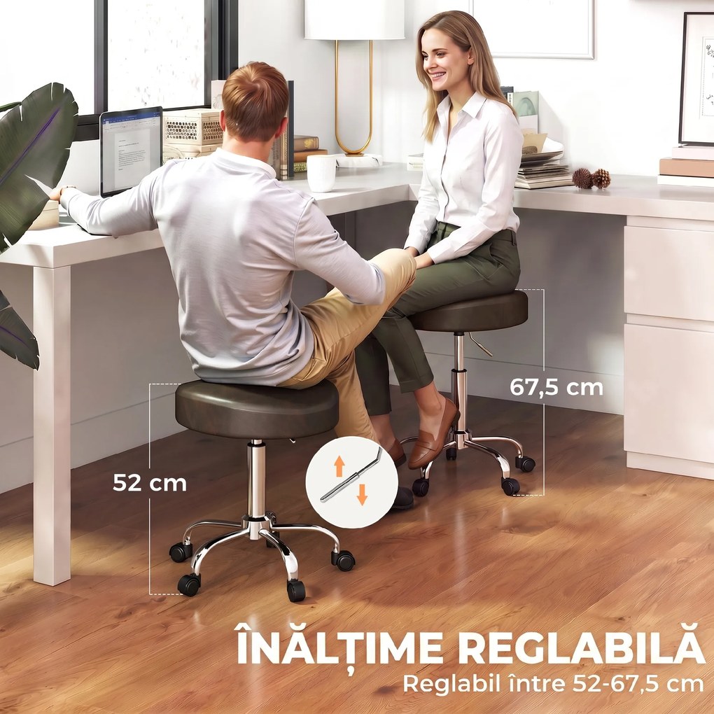 HOMCOM Taburet Rotativ cu Roți din Piele Ecologică, cu Înălțime Reglabilă, Maro | Aosom Romania