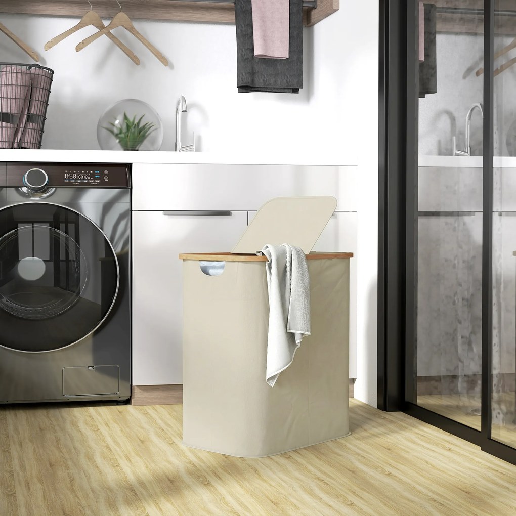 HOMCOM Coș Pentru Rufe 80L cu Capac Din Bambus, Bej | Aosom Romania