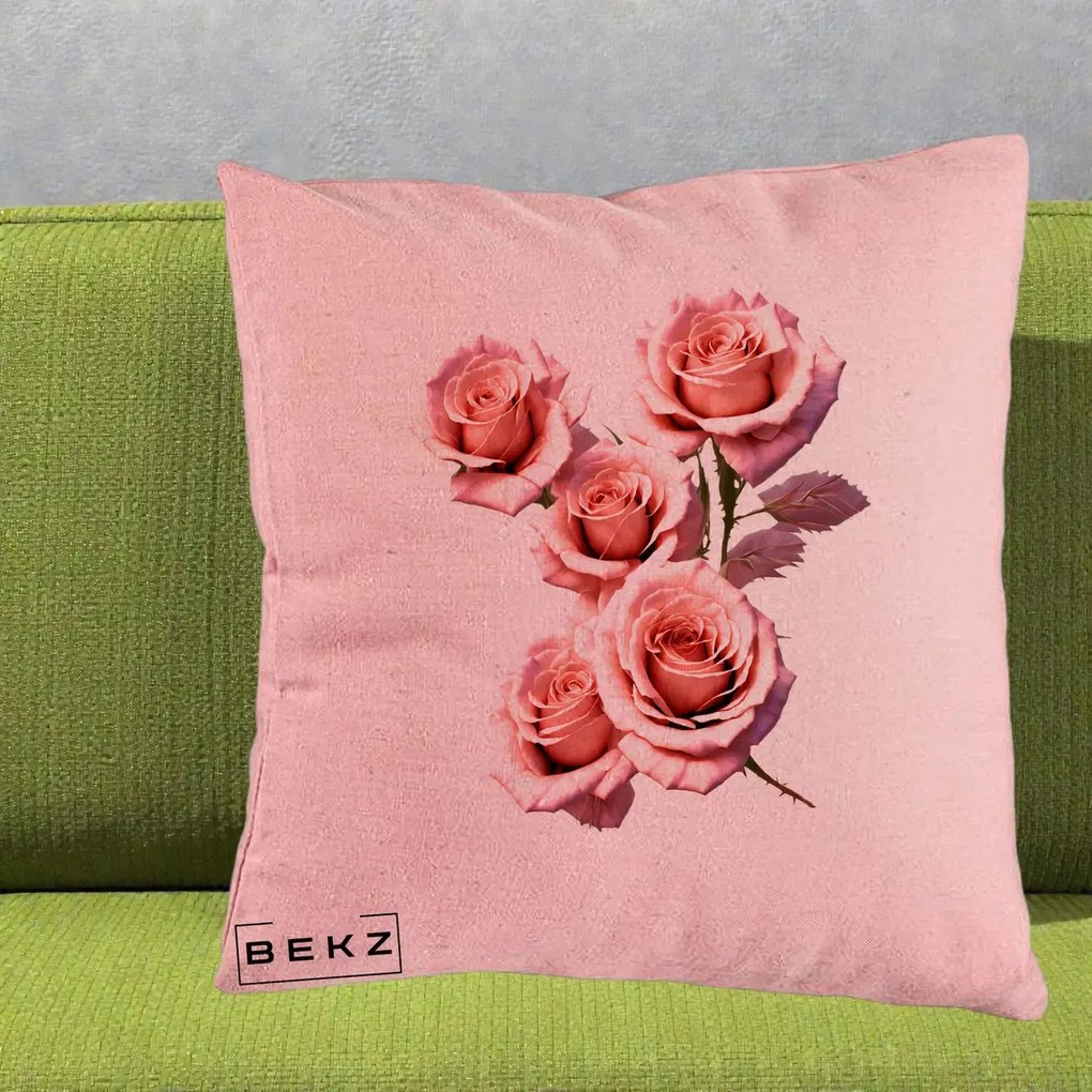 Perna Decorativa Trandafiri Roz Pastel Acuarela, 40x40 cm, Roz, Husa Detasabila, Perna Inclusa, BEKZ®