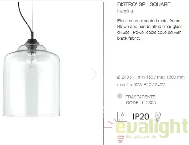 Lustra diametru 24cm, din sticla suflata manual, BISTRO SP1 SQUARE 112305