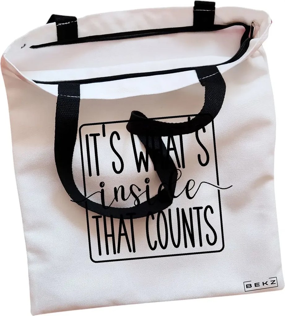 Sacosa de Panza pentru Cumparaturi, Geanta Tote, model It's what's inside that counts 2, Cu fermoar, 38x34.5 cm, Alba, BEKZ®