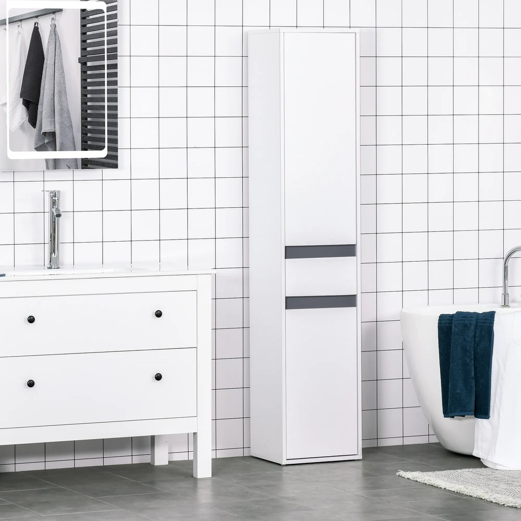 HOMCOM Dulap de Baie tip Coloană, cu 2 Dulapuri cu Polițe Reglabile și Sertar Central, Dulap Baie din Lemn, 35x31x172 cm, Alb | Aosom Romania