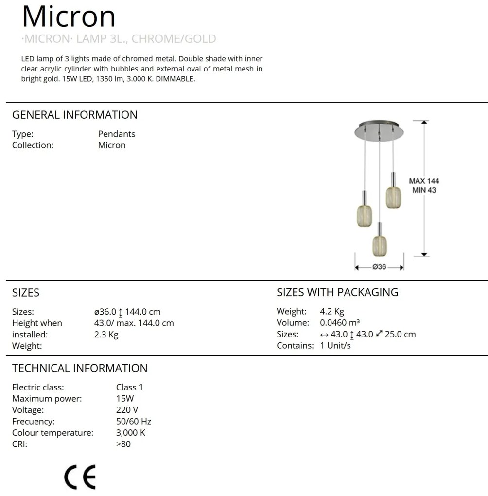 Lustra cu 3 pendule LED design modern Micron crom/auriu SV-413626
